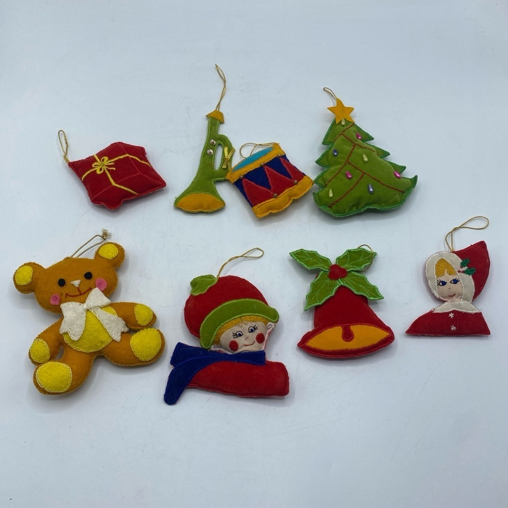 Vintage Felt handmade Christmas Ornaments Lot 8 Elf Tree Horn Drum Bear Bell